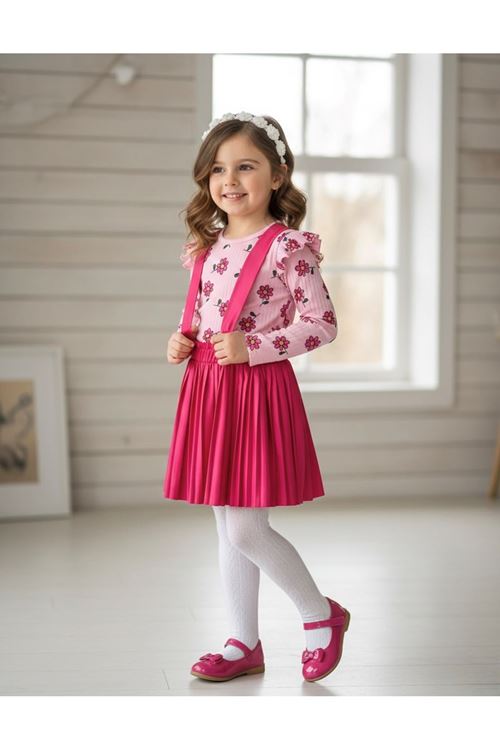 Miniğimin Cicileri Pilise Deri Salopet ve Papatya Baskılı Kız çocuk Takım - Pembe