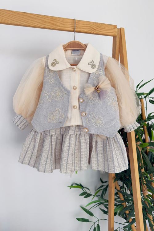 Miniğimin Cicileri Vintage Nakış Detaylı Yelekli Kız Çocuk Elbise Takımı - Gri