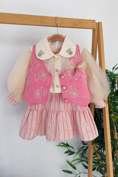 Miniğimin Cicileri Vintage Nakış Detaylı Yelekli Kız Çocuk Elbise Takımı - Pembe