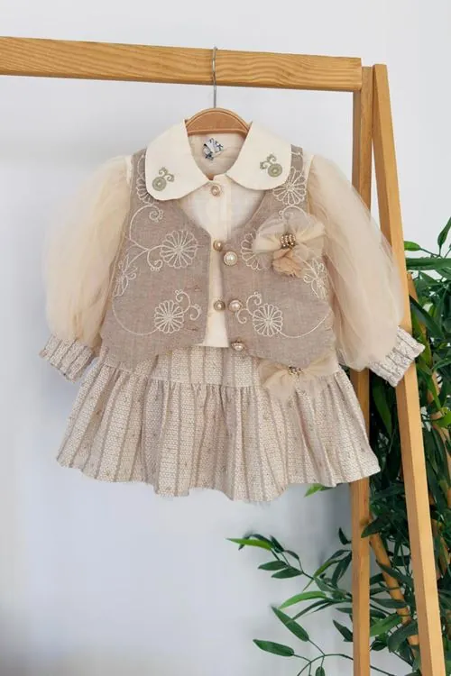 Miniğimin Cicileri Vintage Nakış Detaylı Yelekli Kız Çocuk Elbise Takımı - Kahverengi