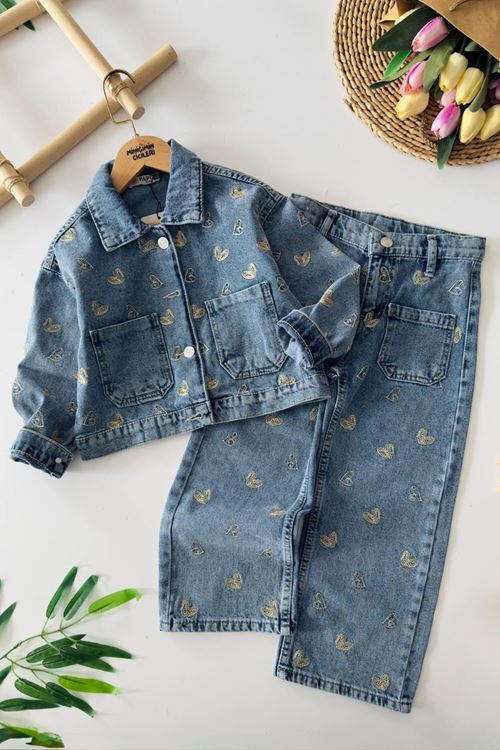 Miniğimin Cicileri Kalp İşleme  Detaylı Cepli Kız Çocuk Ceketli 2 li Takım - Mavi