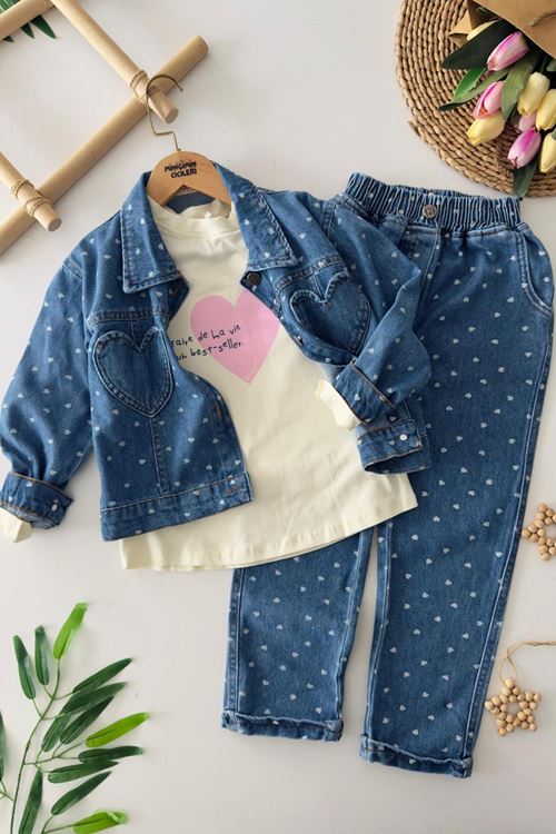 Miniğimin Cicileri Minimal Kalp İşleme  Detaylı Cepli Kız Çocuk Ceketli 3 lü Takım - Koyu Mavi