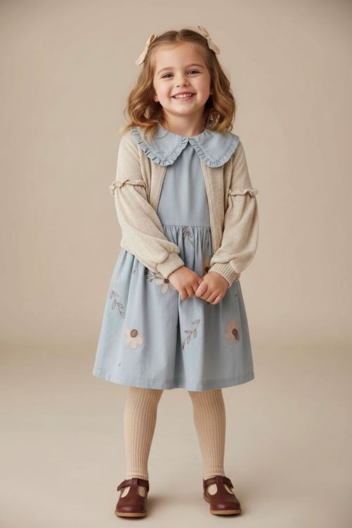 Minigimin Cicileri Çiçek İşlemeli Balon Kol Hırkalı Kız Çocuk Elbise Takım - Mavi