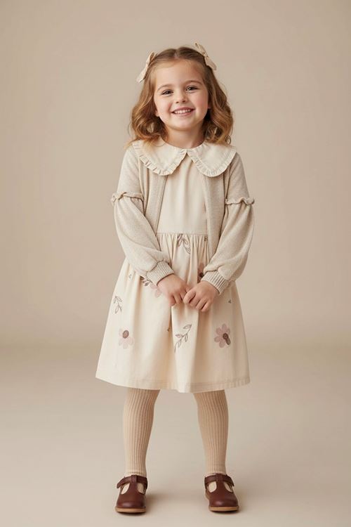 Minigimin Cicileri Çiçek İşlemeli Balon Kol Hırkalı Kız Çocuk Elbise Takım - Krem