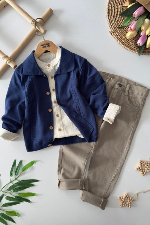 Miniğimin Cicileri Örgü Detaylı Triko Hırkalı Gömlekli Erkek Çocuk 3 lü Takım - Lacivert