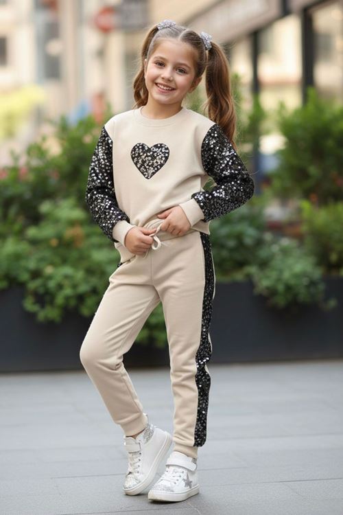 Miniğimin Cicileri Payet Kalp Detaylı Kız Çocuk 2 li Takım - Krem