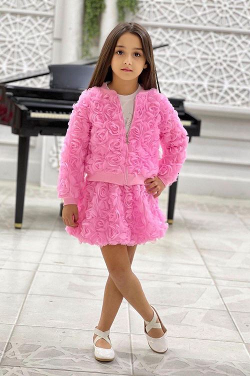 Miniğimin Cicileri Gül Desen Ceketli Taşlı Kız Çocuk 3 lü Takım - Pembe