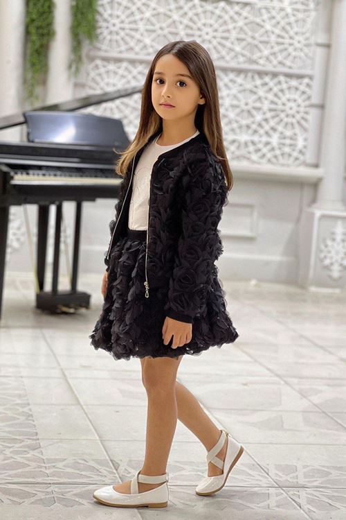 Miniğimin Cicileri Gül Desen Ceketli Taşlı Kız Çocuk 3 lü Takım - Siyah