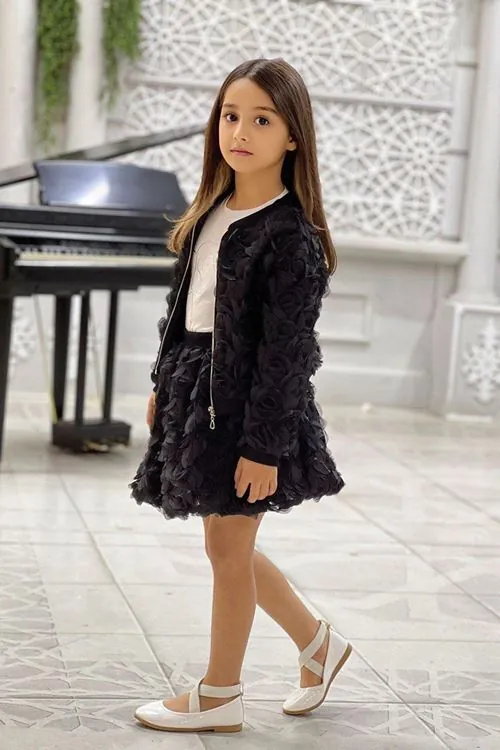 Miniğimin Cicileri Gül Desen Ceketli Taşlı Kız Çocuk 3 lü Takım - Siyah