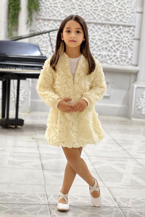 Miniğimin Cicileri Gül Desen Ceketli Taşlı Kız Çocuk 3 lü Takım - Bej