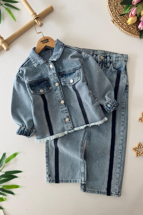 Miniğimin Cicileri Şeritli Taş Detaylı Spor Kız Çocuk 2 li Kot Takım - Açık Mavi