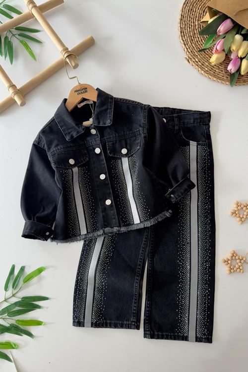 Miniğimin Cicileri Şeritli Taş Detaylı Spor Kız Çocuk 2 li Kot Takım - Siyah