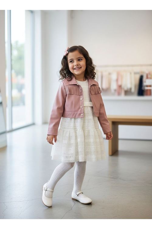 Miniğimin Cicileri Dantel Detaylı Beyaz Elbise ve Püsküllü Deri Ceket Kız Çocuk Takımı - Pembe