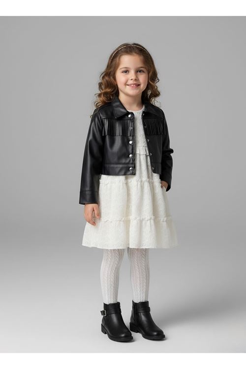 Miniğimin Cicileri Kat Kat Fırfırlı Beyaz Elbise ve Püsküllü Deri Ceket Kız Çocuk Takımı - Siyah