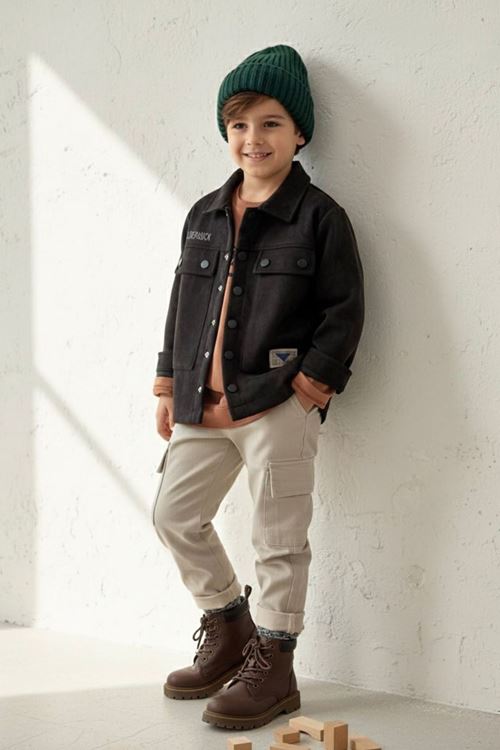 Miniğimin Cicileri Süet Görünümlü Çıtçıt Düğmeli Ceketli Erkek Çocuk 3’lü Takım - Siyah