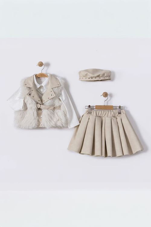Miniğimin Cicileri Kürk Yelekli Taş Detaylı  4 lü Takım - Krem