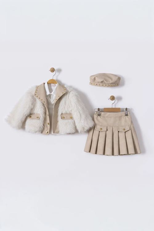 Miniğimin Cicileri Kürk Detaylı Ceketli Pileli Etek ve Şapkalı Kız Çocuk Takım - Krem