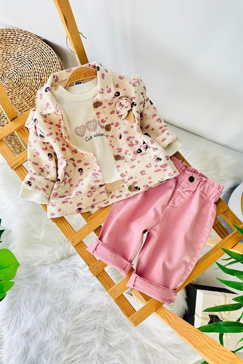 Miniğimin Cicileri Leopar Ceketli Kalp Baskılı Kız Çocuk 3 lü Kız Bebek Takım - Pembe