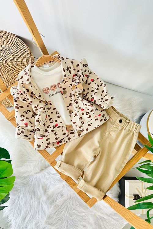 Miniğimin Cicileri Leopar Ceketli Kalp Baskılı Kız Çocuk 3 lü Kız Bebek Takım - Bej