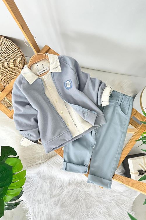 Miniğimin Cicileri Arma Nakış Detaylı Triko Hırkalı Erkek Bebek 3 lü Takım - Mavi