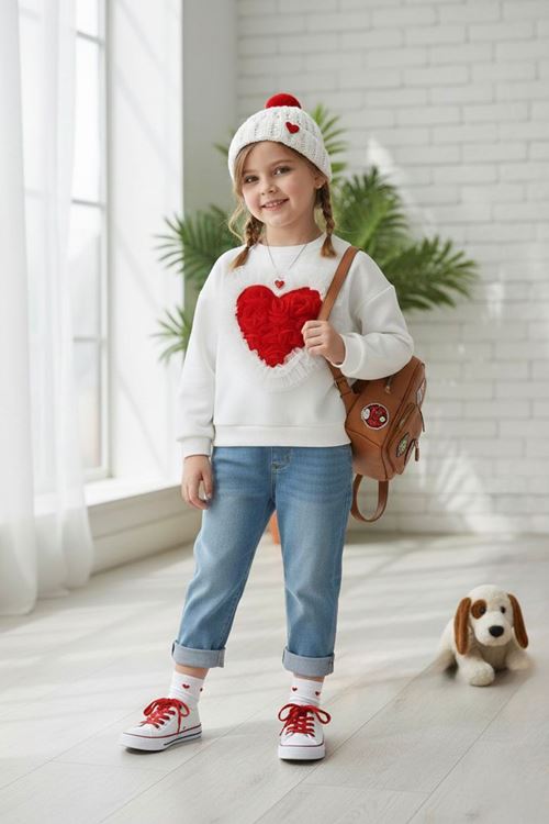 Miniğimin Cicileri Kalp Gül Detaylı Kız Çocuk Sweat - Beyaz