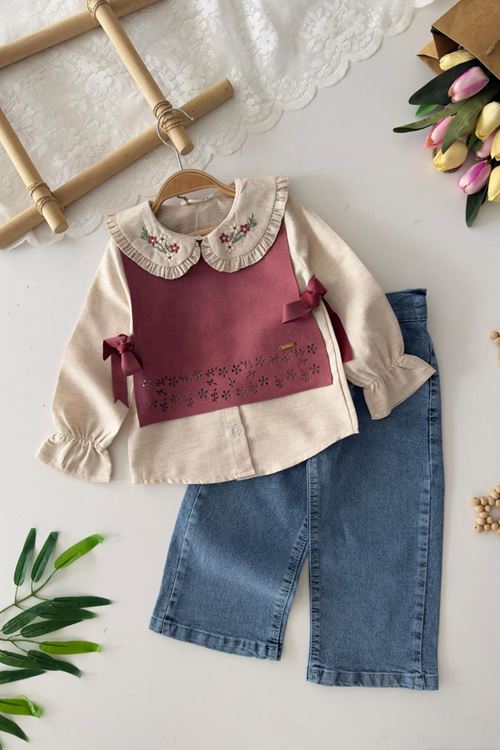 Miniğimin Cicileri Yaka Çiçek İşleme Süet Detaylı Kız Çocuk 3 lü Takım - Gül Kurusu