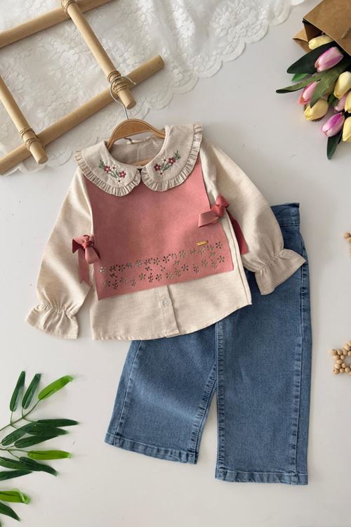 Miniğimin Cicileri Yaka Çiçek İşleme Süet Detaylı Kız Çocuk 3 lü Takım - Pembe