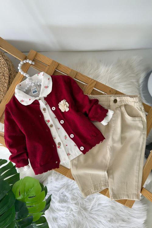 Miniğimin Cicileri Çiçek Detaylı Triko Hırkalı Kız Bebek 3 lü Takım - Bordo