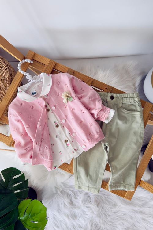 Miniğimin Cicileri Çiçek Detaylı Triko Hırkalı Kız Bebek 3 lü Takım - Pembe