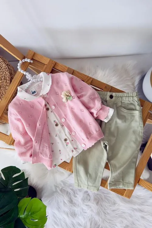Miniğimin Cicileri Çiçek Detaylı Triko Hırkalı Kız Bebek 3 lü Takım - Pembe