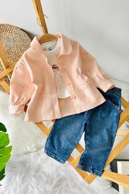 Miniğimin Cicileri Prenses Baskılı Lazer Kesim Ceketli 3 lü  Kız Bebek Takım - Somon