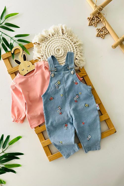 Miniğimin Cicileri Minik Çiçek İşleme Detaylı Kız Bebek Salopetli 2 li Takım - Somon