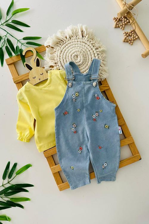 Miniğimin Cicileri Minik Çiçek İşleme Detaylı Kız Bebek Salopetli 2 li Takım - Sarı