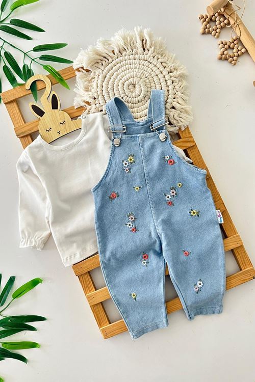 Miniğimin Cicileri Minik Çiçek İşleme Detaylı Kız Bebek Salopetli 2 li Takım - Ekru