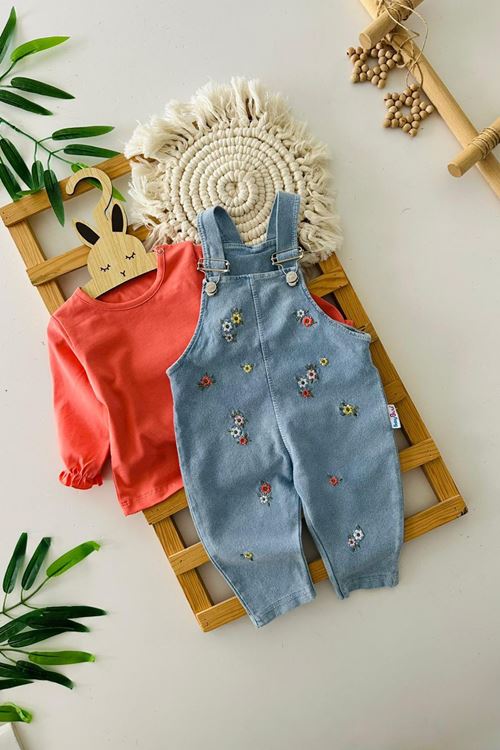 Miniğimin Cicileri Minik Çiçek İşleme Detaylı Kız Bebek Salopetli 2 li Takım - Nar Çiçeği