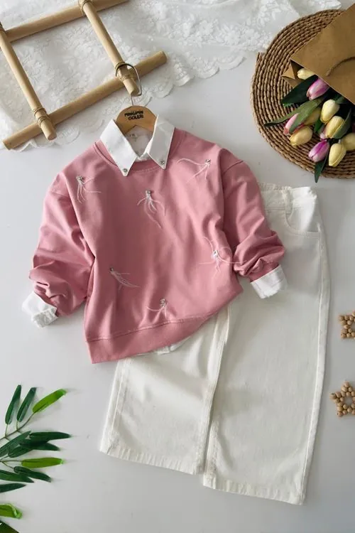 Miniğimin Cicileri Taşlı Tüy Desenli Kız Çocuk Gömlekli 3 lü Takım - Pembe