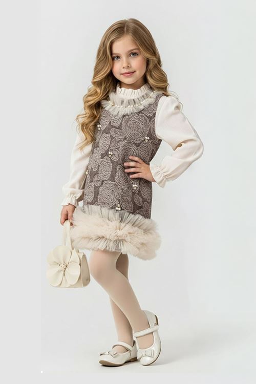 Miniğimin Cicileri Dantel İşlemeli Tül Detaylı Kız Çocuk Elbise ve Çanta Kombin - Kahverengi