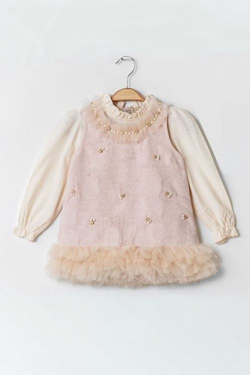 Miniğimin Cicileri Dantel İşlemeli Tül Detaylı Kız Çocuk Elbise ve Çanta Kombin - Pudra