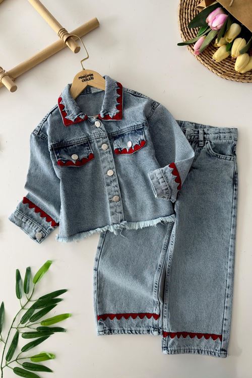 Miniğimin Cicileri Örgü Detaylı Kız Çocuk Kot Takım - Açık Mavi