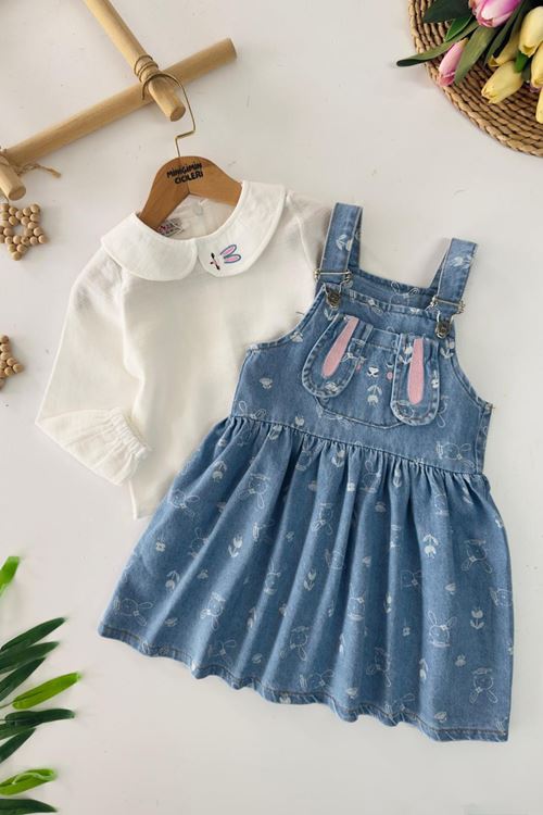 Miniğimin Cicileri Tavşan İşleme Detaylı Kız Çocuk Kot Jileli 2 li Takım - Mavi