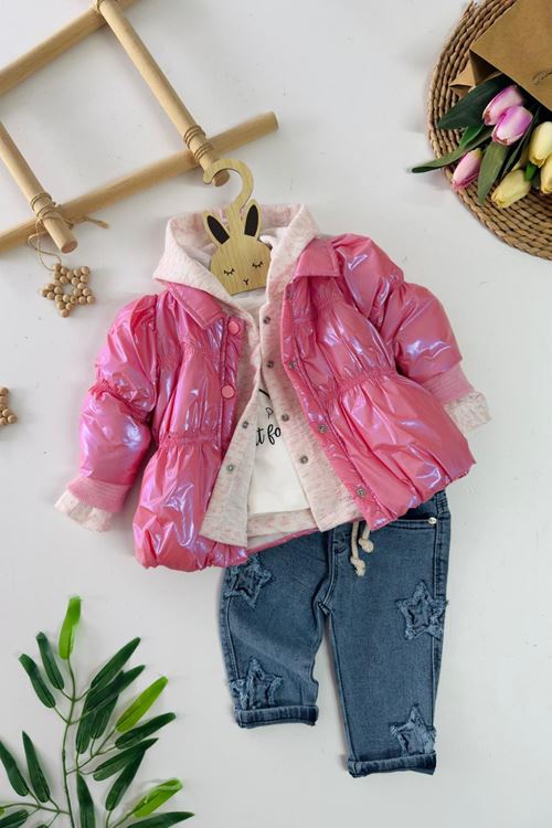 Miniğimin Cicileri Hologram Montlu Kapüşonlu Hırkalı 4 lü Kız Bebek Kışlık Takım - Pembe