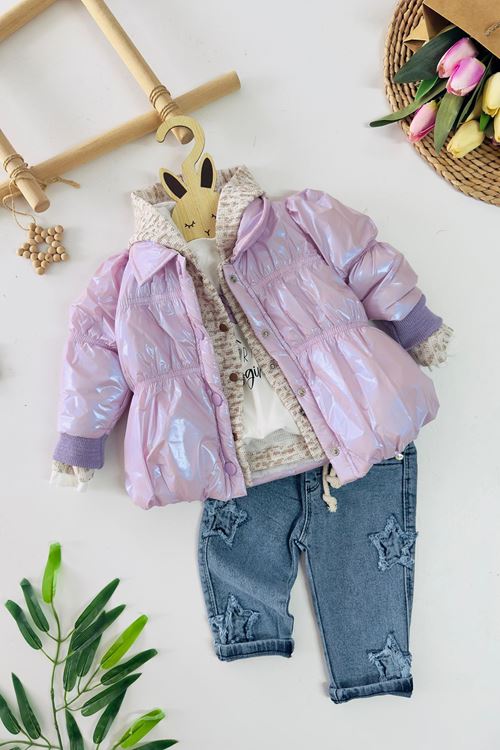 Miniğimin Cicileri Hologram Montlu Kapüşonlu Hırkalı 4 lü Kız Bebek Kışlık Takım - Lila