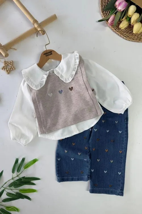 Miniğimin Cicileri Kalp İşleme Detaylı Süeterli Kız Çocuk 3 lü Takım - Taş