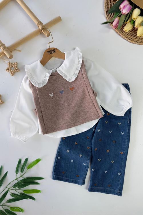 Miniğimin Cicileri Kalp İşleme Detaylı Süeterli Kız Çocuk 3 lü Takım - Gül Kurusu