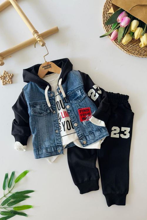 Miniğimin Cicileri Kapüşonlu Kot Detaylo 23 Baskı Erkek Çocuk 3 lü Spor Takım - Siyah