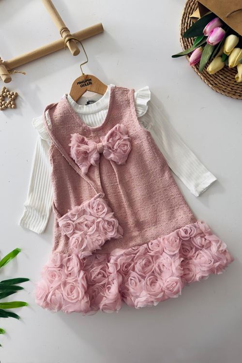 Miniğimin Cicileri Eteği Gül Detaylı Çantalı Kız Çocuk Tüvit Elbise - Pembe