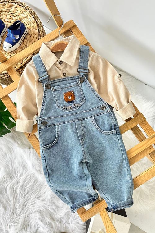 Miniğimin Cicileri Happy Bear İşleme Detaylı Erkek Bebek Salopetli Kot Takım - KahveMavi