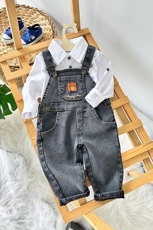 Miniğimin Cicileri Happy Bear İşleme Detaylı Erkek Bebek Salopetli Kot Takım - BeyazFüme