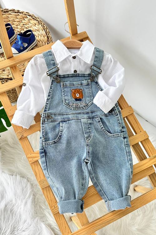 Miniğimin Cicileri Happy Bear İşleme Detaylı Erkek Bebek Salopetli Kot Takım - BeyazMavi