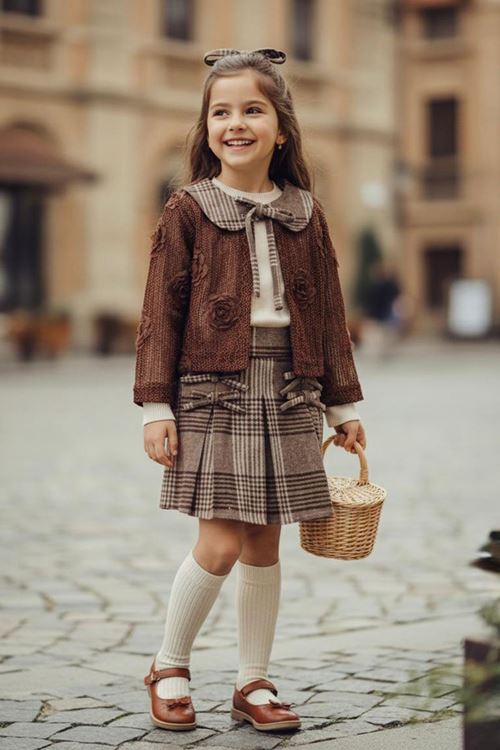 Miniğimin Cicileri Ekose Pul Detaylı Etekli Güllü Dantel Detaylı Hırkalı 3 lü Kız Çocuk Takım - Kahverengi